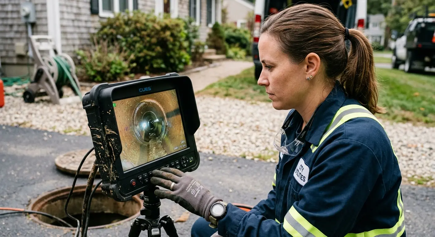 Technician reviewing sewer camera inspection footage in Wilbraham