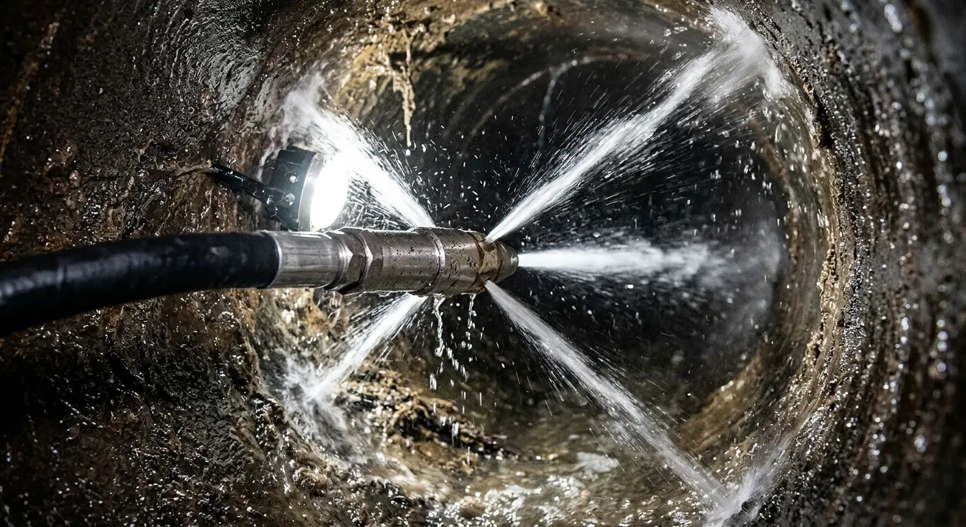 High-pressure hydro jetting nozzle cleaning sewer pipe for Emergency Drain Service in Wilbraham