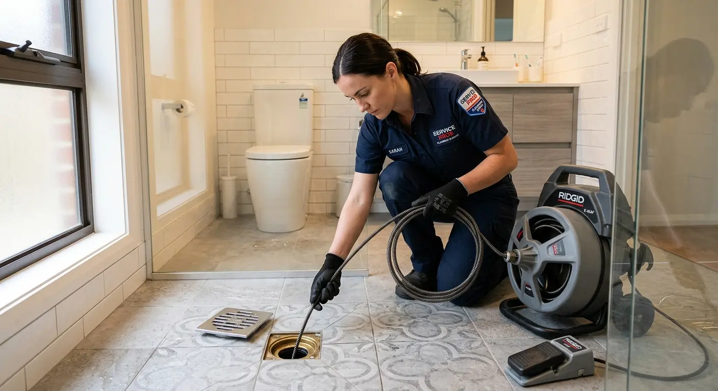 Technician clearing a bathroom floor drain for Sewer Line Installation in Wilbraham